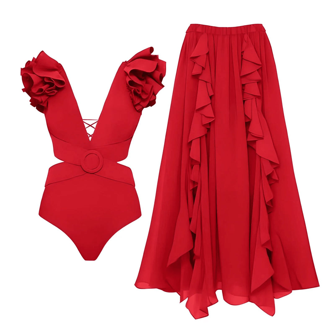 Camille One-Piece Swimsuit and Sarong Set VERITI Red S 