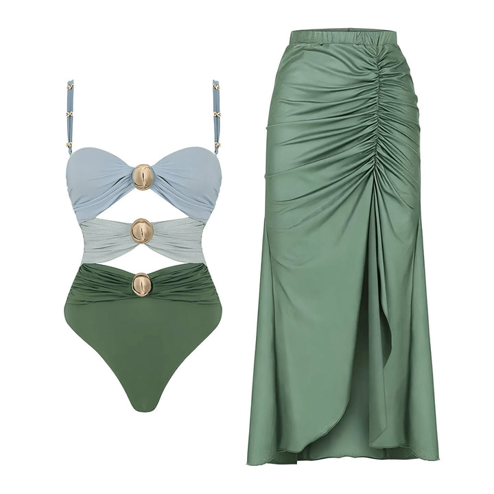 Giselle One-Piece Swimsuit and Sarong Set VERITI Green Full Set S 